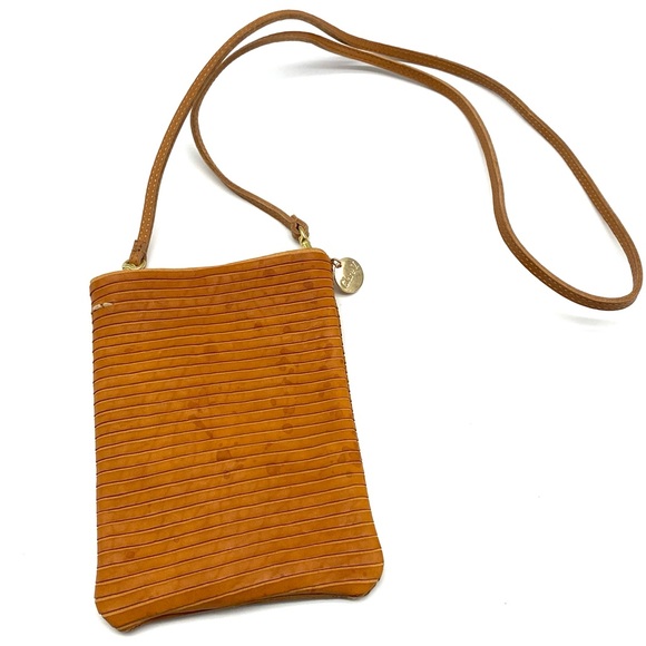 CLARE V. POCHE TAN SUEDE RIBBED LEATHER CELL PHONE CROSSBODY POUCH GOLD BAG SM - Picture 2 of 4
